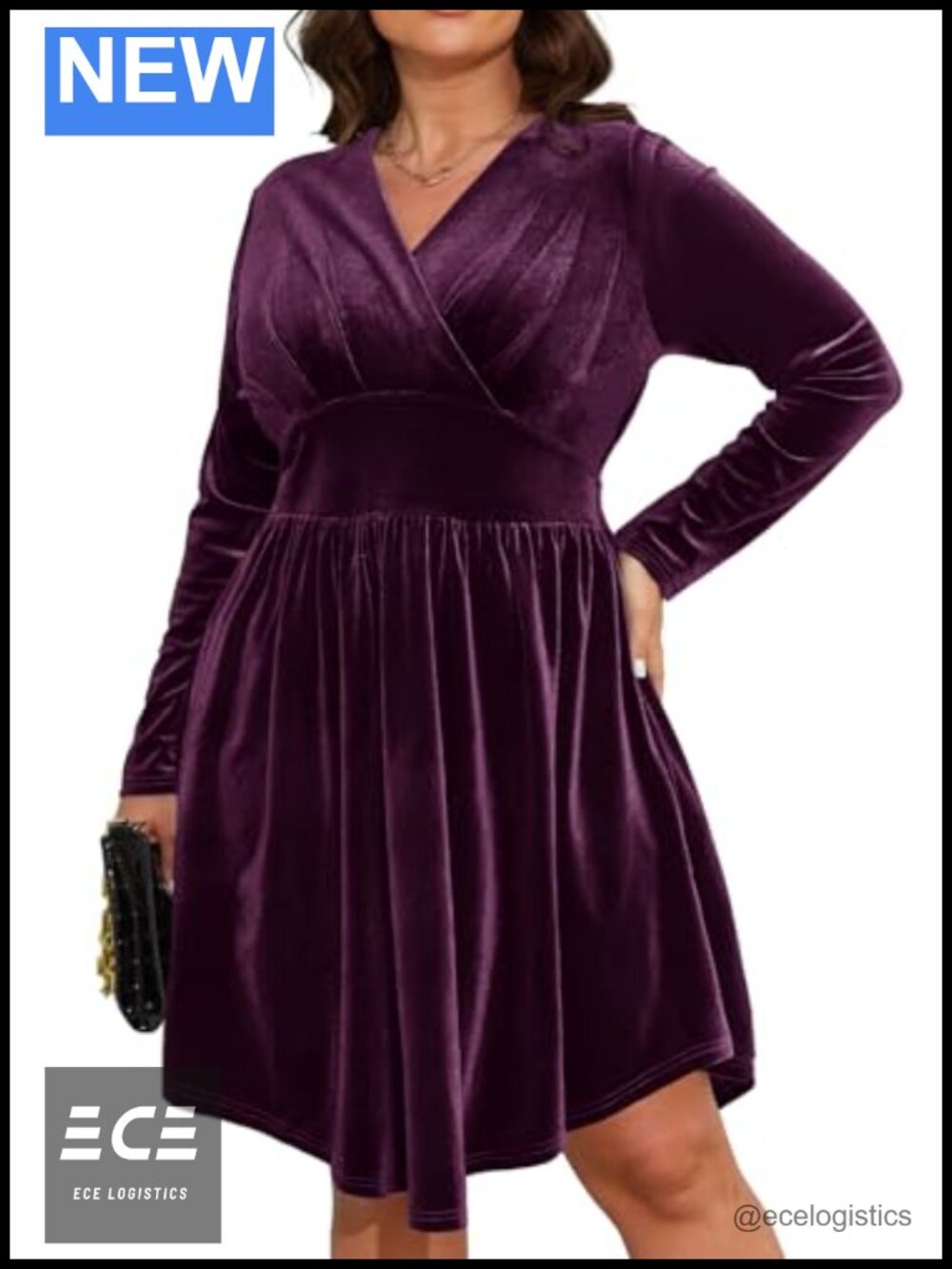 Plus Size Velvet Long Sleeve V-Neck A-Line Knee Length Cocktail Wrap Dress